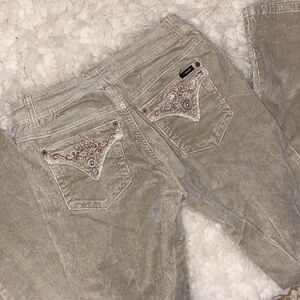 Y2K Angel Low Rise Jeans- Olive green with pink stitching on the pockets